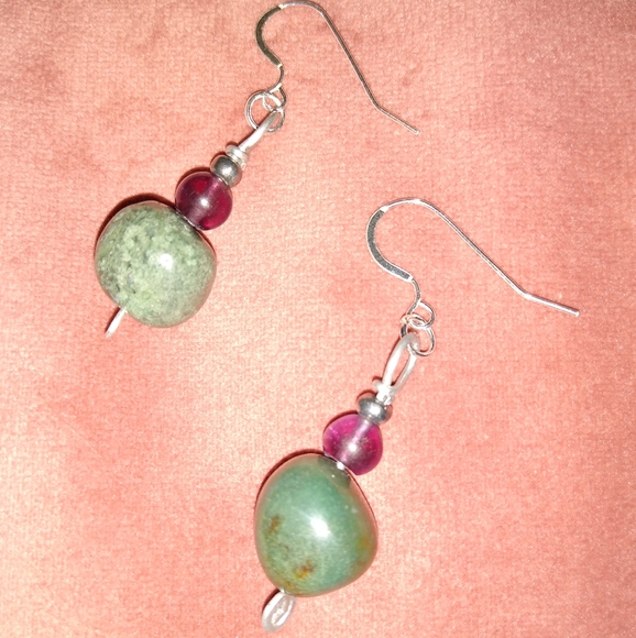 Moss Agate Amethyst Gemstone Bead Handmade Earrings 925 Solid Sterling Ear Wires - Picture 2 of 4